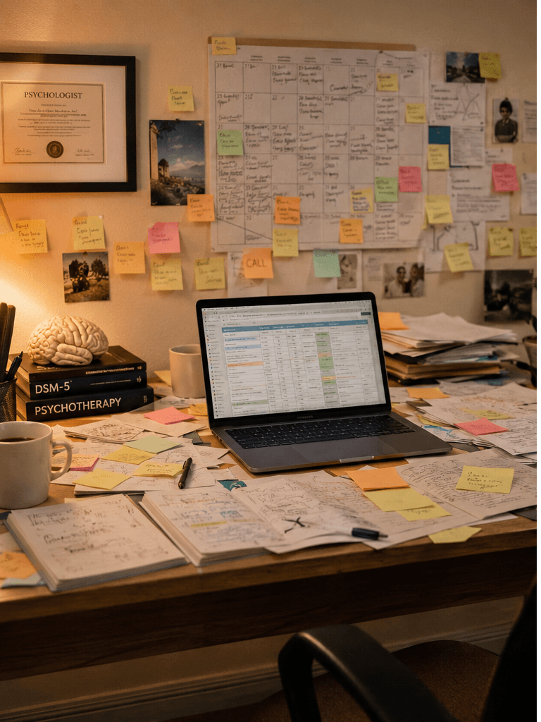 Mesa desorganizada com papéis, post-its e planilha aberta